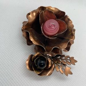 Vintage Copper Floral Brooch with Pink and Black Bead Accents